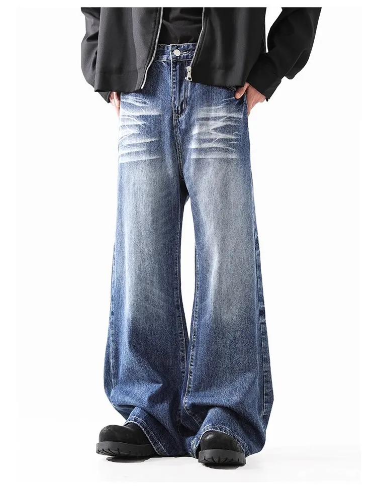 2024 High Street American Style Wash Blue Texture Jeans - Retro Loose Wide Leg Pants for Men & Women showcase 7