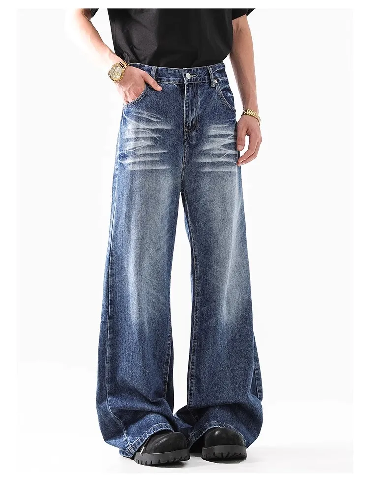 2024 High Street American Style Wash Blue Texture Jeans - Retro Loose Wide Leg Pants for Men & Women showcase 12