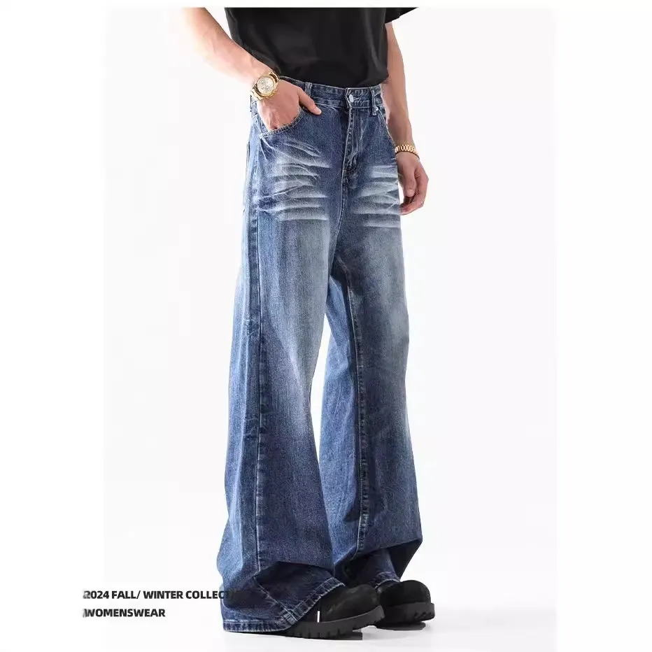 2024 High Street American Style Wash Blue Texture Jeans - Retro Loose Wide Leg Pants for Men & Women thumbnail 3