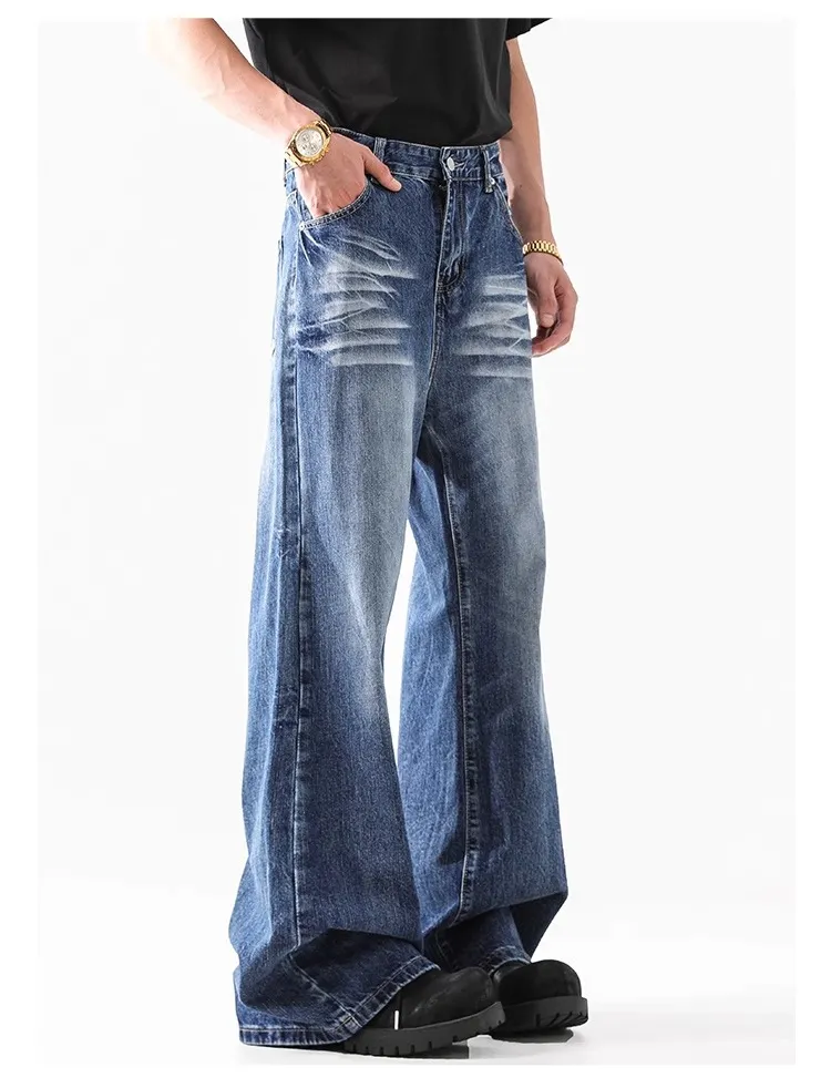 2024 High Street American Style Wash Blue Texture Jeans - Retro Loose Wide Leg Pants for Men & Women showcase 13