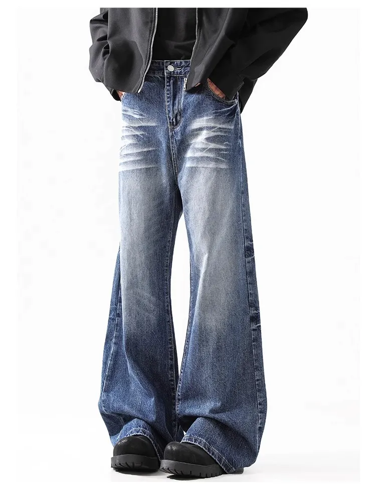 2024 High Street American Style Wash Blue Texture Jeans - Retro Loose Wide Leg Pants for Men & Women showcase 9