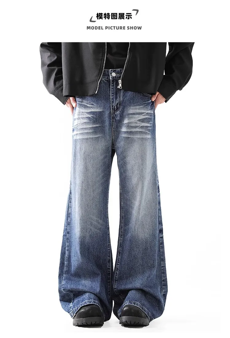 2024 High Street American Style Wash Blue Texture Jeans - Retro Loose Wide Leg Pants for Men & Women showcase 6