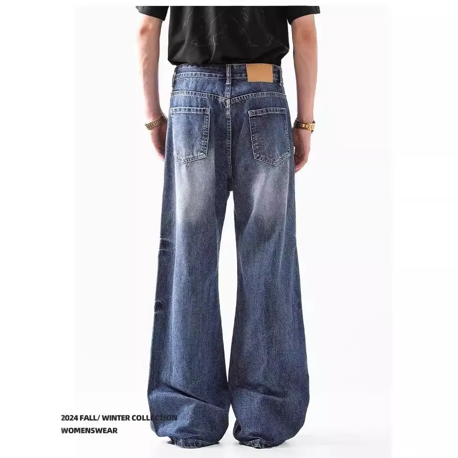 2024 High Street American Style Wash Blue Texture Jeans - Retro Loose Wide Leg Pants for Men & Women thumbnail 4