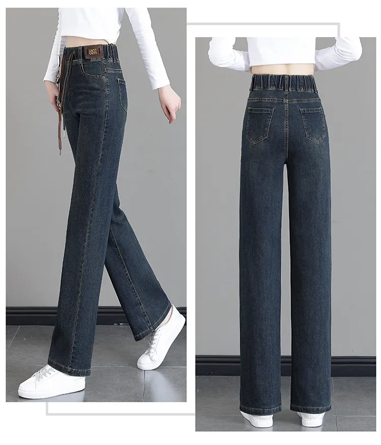 Women's High-Waisted Elastic Jeans - Loose Fit Nine-Point Straight Wide-Leg Pants for Spring/Fall, Slimming & Taller Look, Large Size Available showcase 16