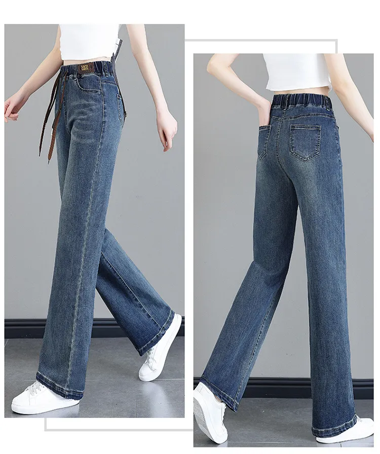 Women's High-Waisted Elastic Jeans - Loose Fit Nine-Point Straight Wide-Leg Pants for Spring/Fall, Slimming & Taller Look, Large Size Available showcase 12