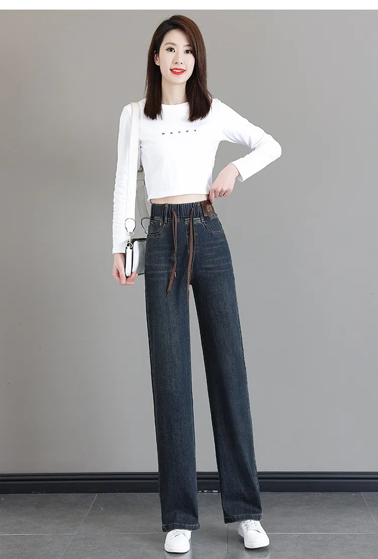 Women's High-Waisted Elastic Jeans - Loose Fit Nine-Point Straight Wide-Leg Pants for Spring/Fall, Slimming & Taller Look, Large Size Available showcase 14