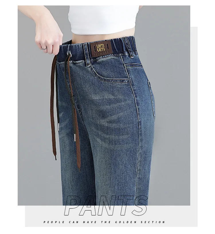 Women's High-Waisted Elastic Jeans - Loose Fit Nine-Point Straight Wide-Leg Pants for Spring/Fall, Slimming & Taller Look, Large Size Available showcase 11