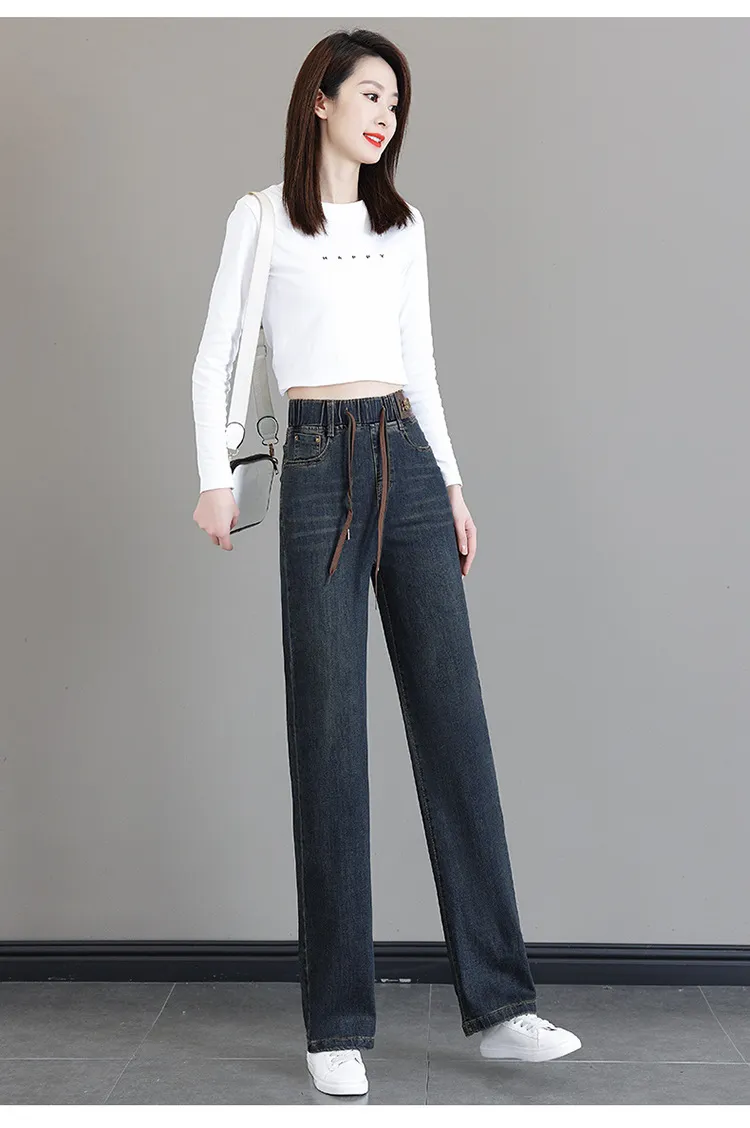 Women's High-Waisted Elastic Jeans - Loose Fit Nine-Point Straight Wide-Leg Pants for Spring/Fall, Slimming & Taller Look, Large Size Available showcase 17