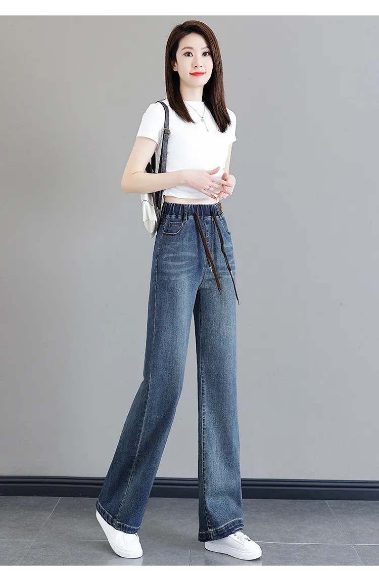 Women's High-Waisted Elastic Jeans - Loose Fit Nine-Point Straight Wide-Leg Pants for Spring/Fall, Slimming & Taller Look, Large Size Available showcase 13