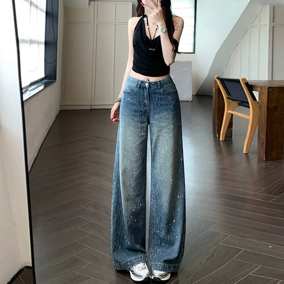 Women's Wide-Leg Jeans with Starry Rhinestones - Autumn 2025 New Style Slimming Pants for Petite Figures showcase 1