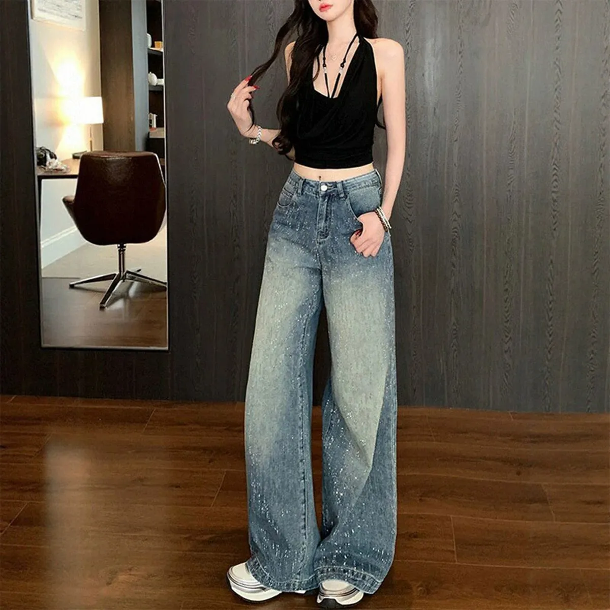 Women's Wide-Leg Jeans with Starry Rhinestones - Autumn 2025 New Style Slimming Pants for Petite Figures showcase 3