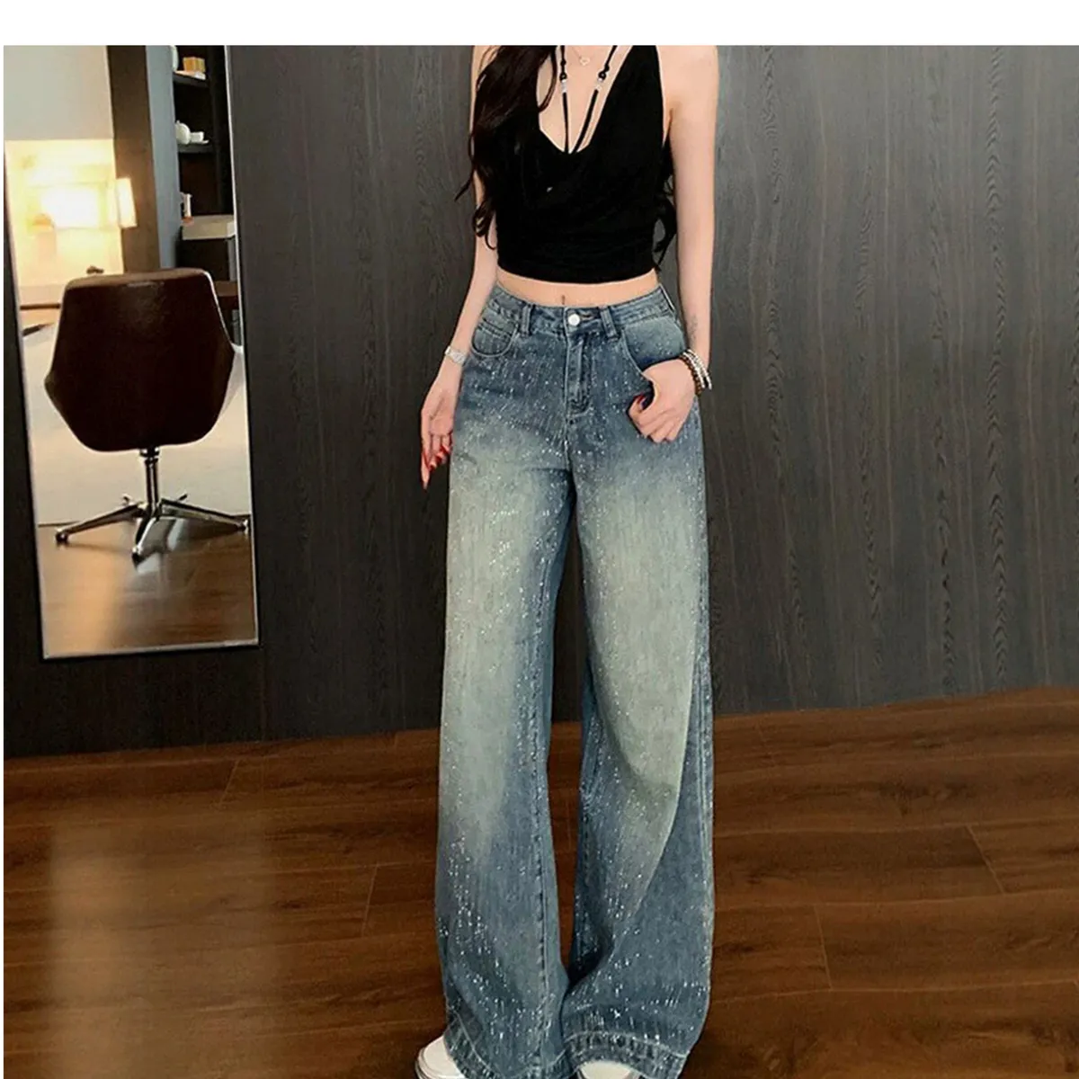 Women's Wide-Leg Jeans with Starry Rhinestones - Autumn 2025 New Style Slimming Pants for Petite Figures showcase 5