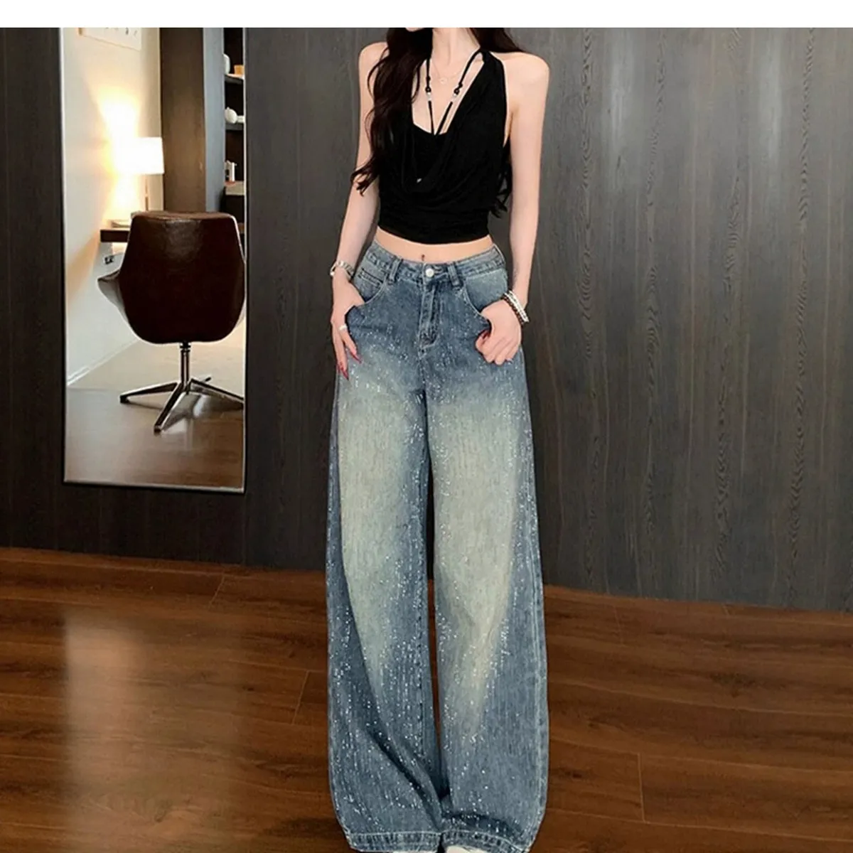 Women's Wide-Leg Jeans with Starry Rhinestones - Autumn 2025 New Style Slimming Pants for Petite Figures showcase 4