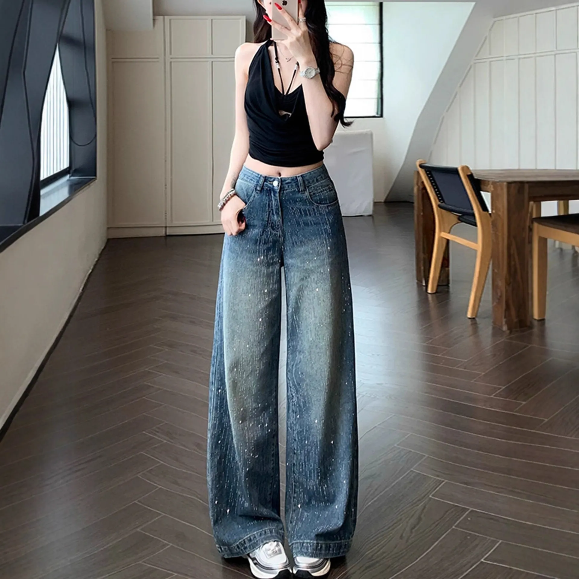 Women's Wide-Leg Jeans with Starry Rhinestones - Autumn 2025 New Style Slimming Pants for Petite Figures - Image 3