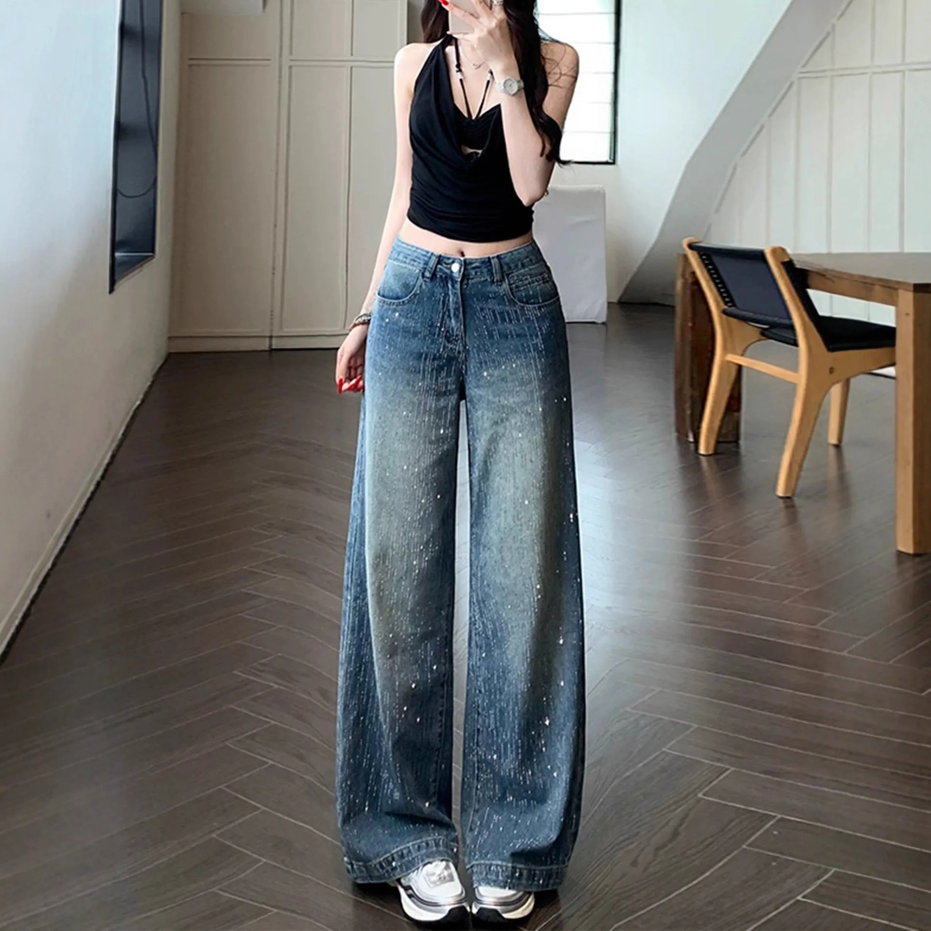 Women's Wide-Leg Jeans with Starry Rhinestones - Autumn 2025 New Style Slimming Pants for Petite Figures - Image 1