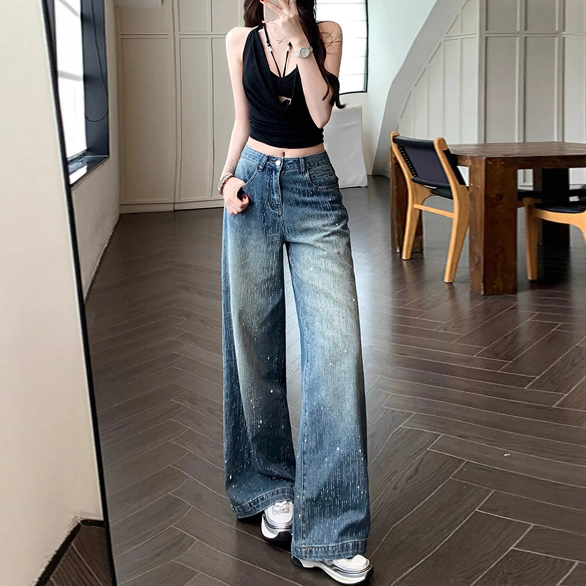 Women's Wide-Leg Jeans with Starry Rhinestones - Autumn 2025 New Style Slimming Pants for Petite Figures - Image 4