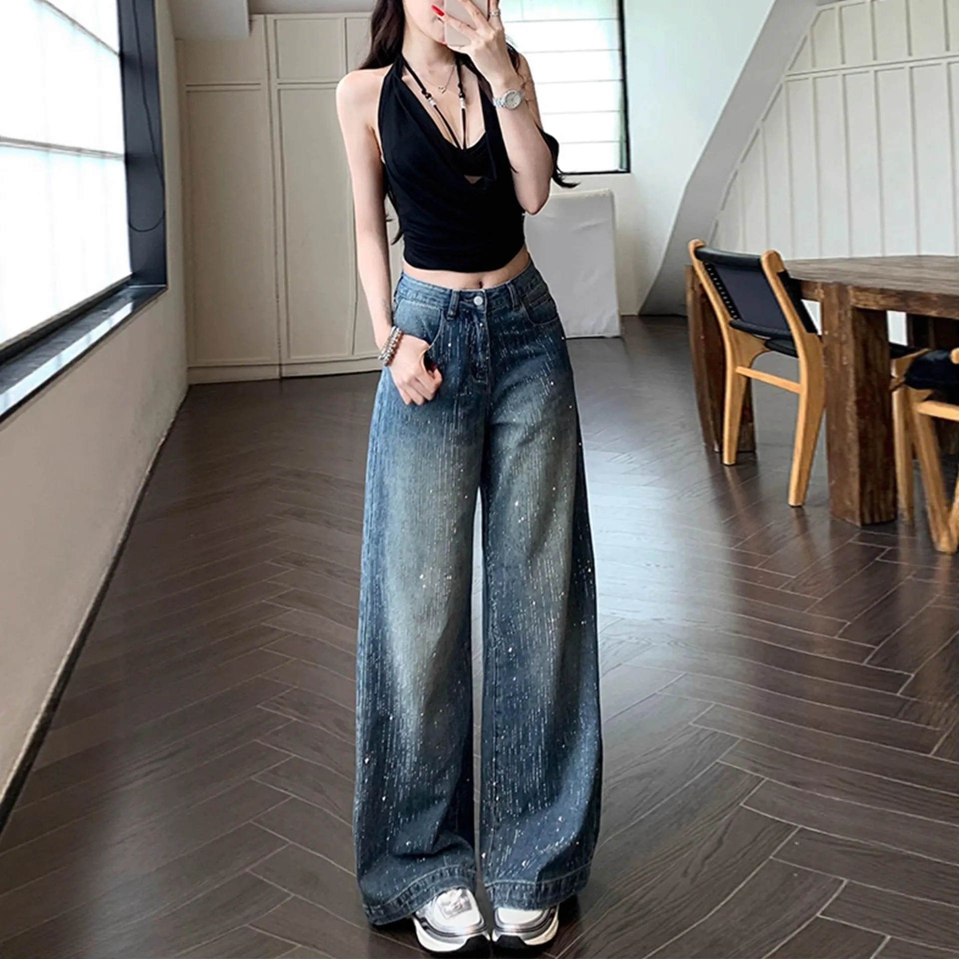 Women's Wide-Leg Jeans with Starry Rhinestones - Autumn 2025 New Style Slimming Pants for Petite Figures - Image 2