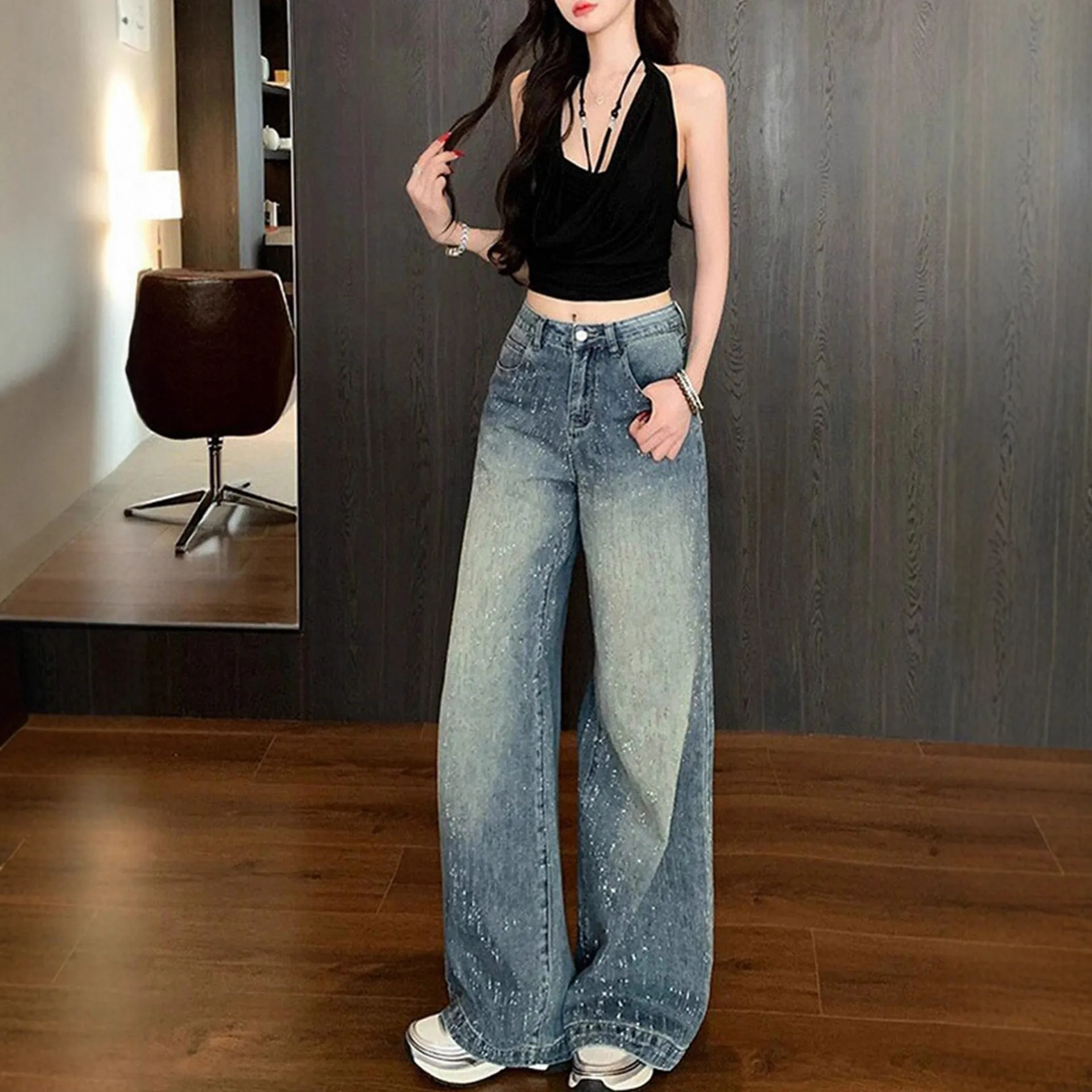 Women's Wide-Leg Jeans with Starry Rhinestones - Autumn 2025 New Style Slimming Pants for Petite Figures - Image 5