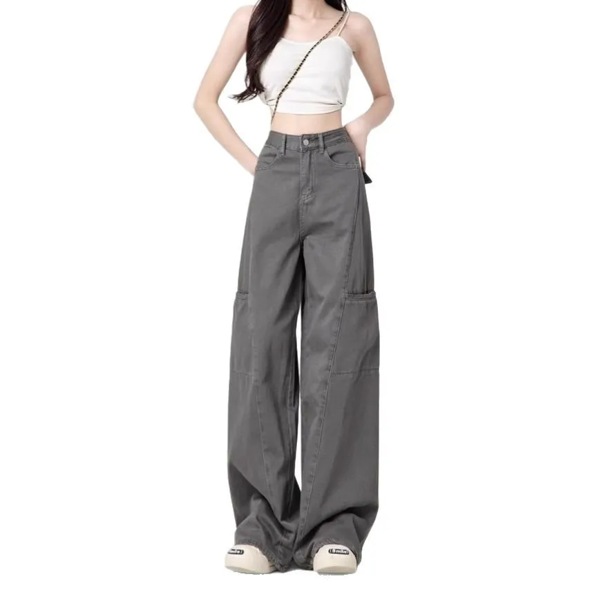 Women's Cement Gray Wide-Leg Cargo Pants Petite Straight-Leg Jeans - Slimming Casual Style 2026 thumbnail 5