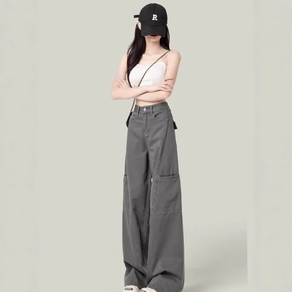 Women's Cement Gray Wide-Leg Cargo Pants Petite Straight-Leg Jeans - Slimming Casual Style 2026 thumbnail 1