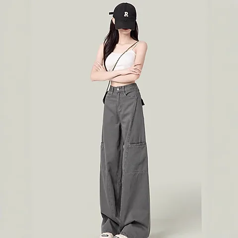 Women's Cement Gray Wide-Leg Cargo Pants Petite Straight-Leg Jeans - Slimming Casual Style 2026