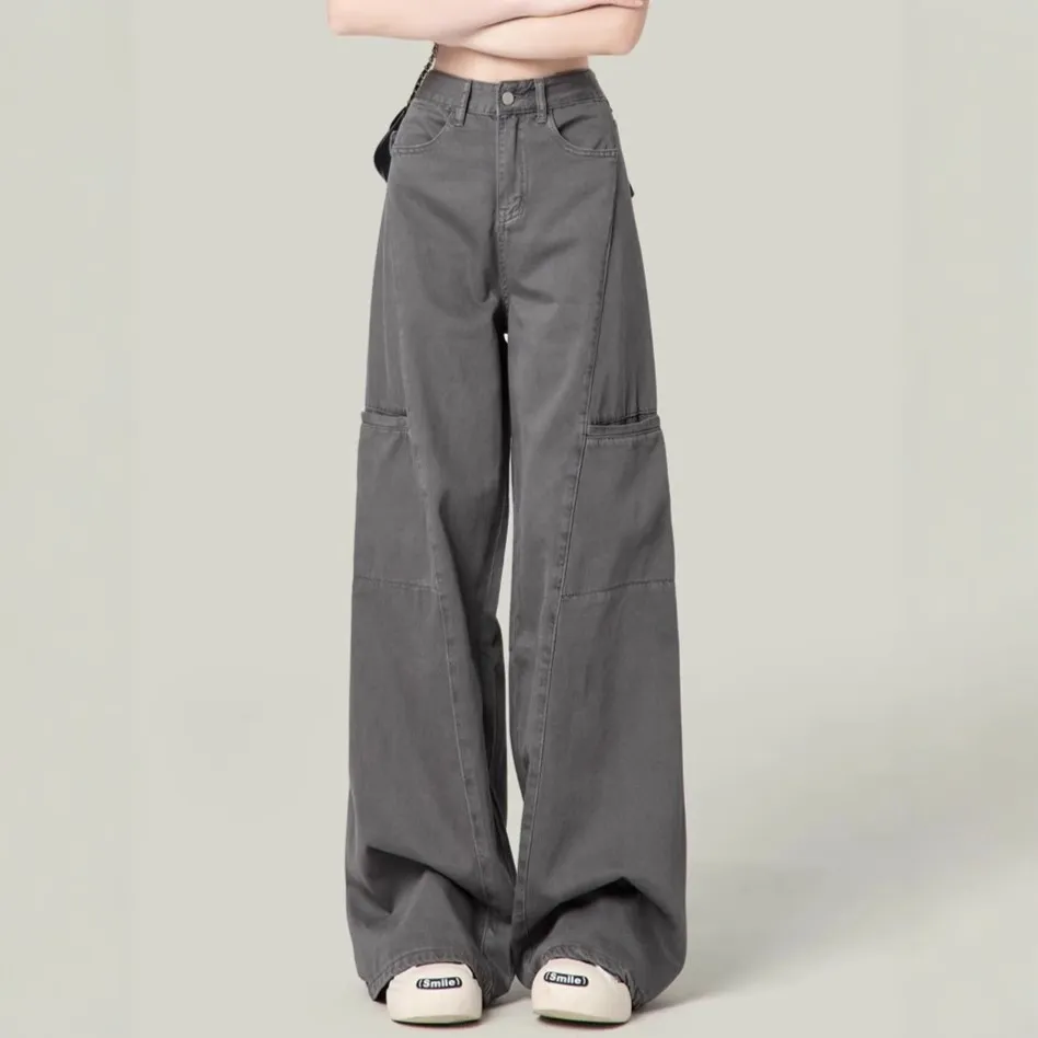 Women's Cement Gray Wide-Leg Cargo Pants Petite Straight-Leg Jeans - Slimming Casual Style 2026 thumbnail 2