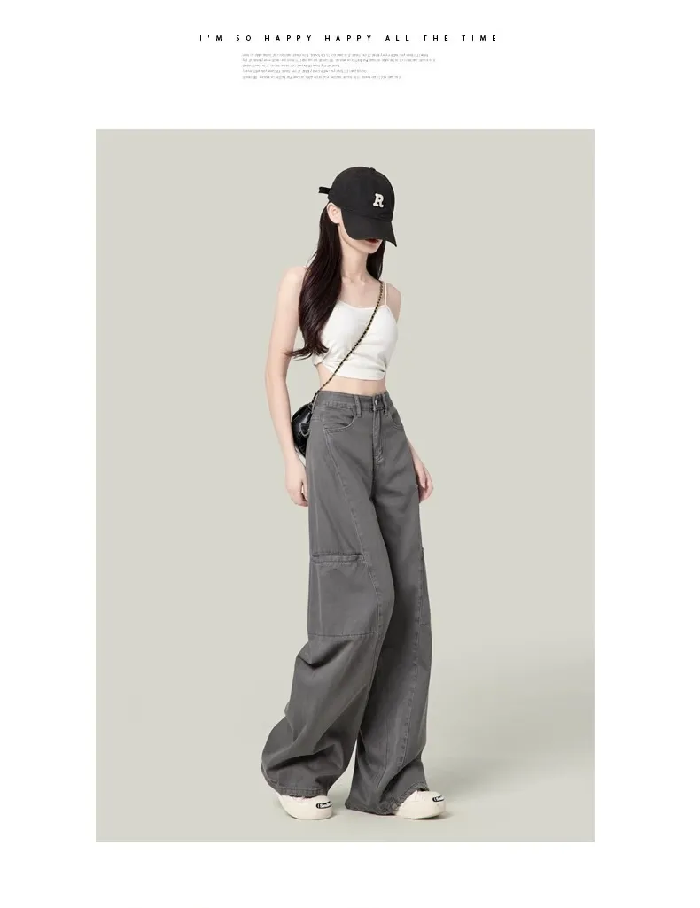 Women's Cement Gray Wide-Leg Cargo Pants Petite Straight-Leg Jeans - Slimming Casual Style 2026 showcase 11