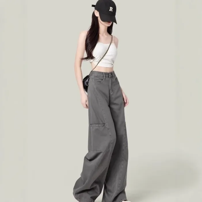 Women's Cement Gray Wide-Leg Cargo Pants Petite Straight-Leg Jeans - Slimming Casual Style 2026 thumbnail 3