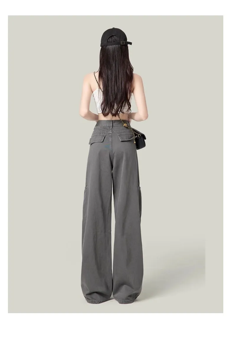 Women's Cement Gray Wide-Leg Cargo Pants Petite Straight-Leg Jeans - Slimming Casual Style 2026 showcase 13