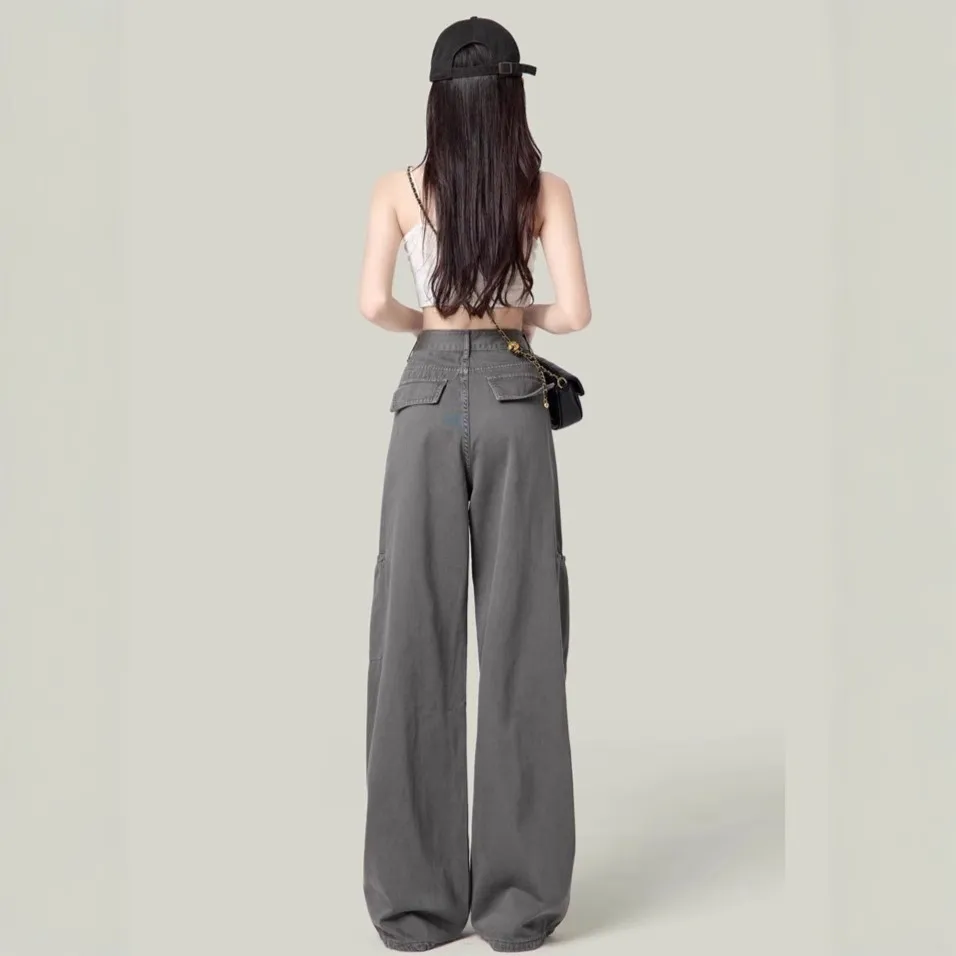 Women's Cement Gray Wide-Leg Cargo Pants Petite Straight-Leg Jeans - Slimming Casual Style 2026 thumbnail 4