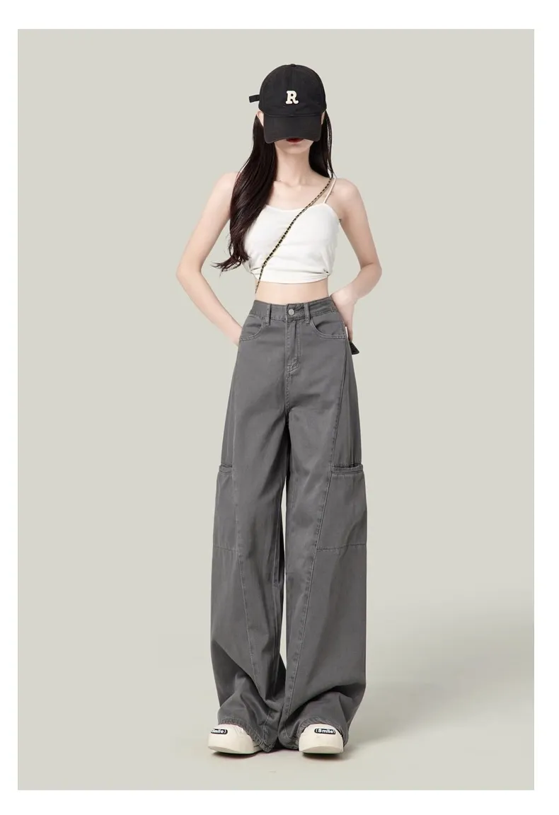 Women's Cement Gray Wide-Leg Cargo Pants Petite Straight-Leg Jeans - Slimming Casual Style 2026 showcase 9