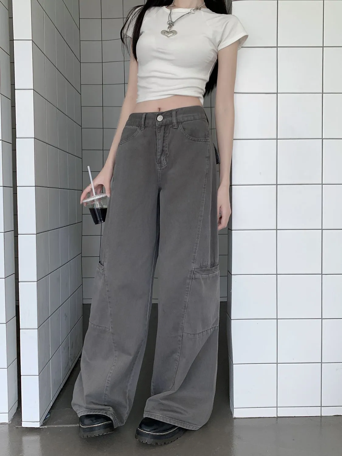 Women's Cement Gray Wide-Leg Cargo Pants Petite Straight-Leg Jeans - Slimming Casual Style 2026 thumbnail 6