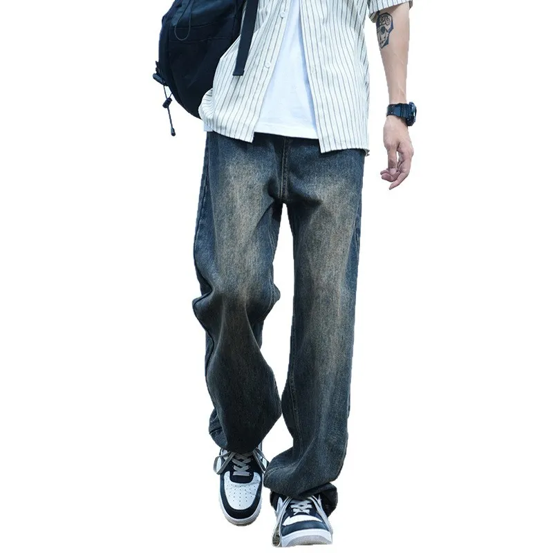 Men's Autumn Washed Jeans: Trendy Loose Fit Straight Leg Retro Wide-Leg Casual Pants for Streetwear thumbnail 5