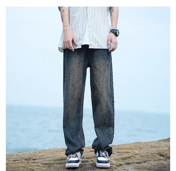 Men's Autumn Washed Jeans: Trendy Loose Fit Straight Leg Retro Wide-Leg Casual Pants for Streetwear showcase 5