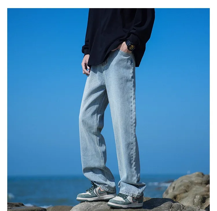 Men's Autumn Washed Jeans: Trendy Loose Fit Straight Leg Retro Wide-Leg Casual Pants for Streetwear showcase 16