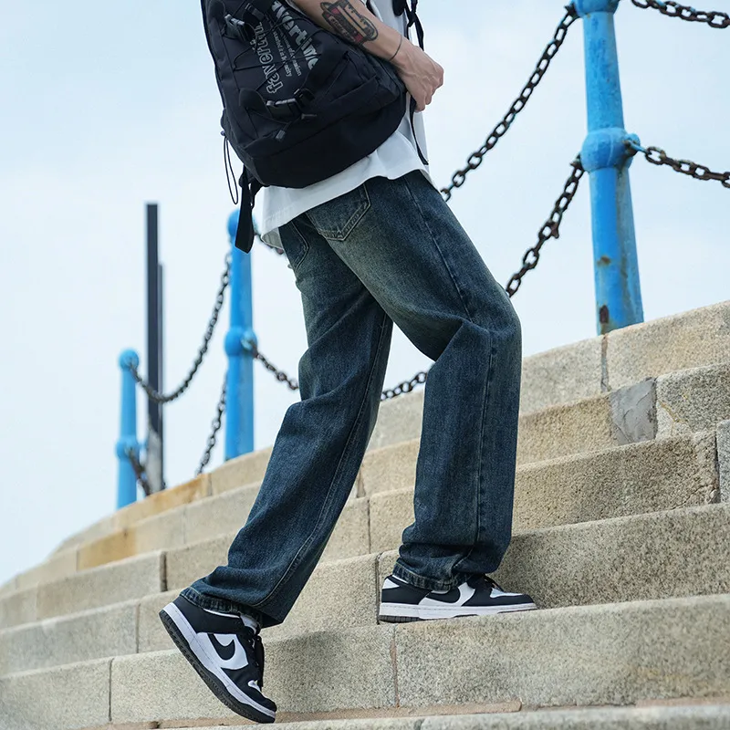 Men's Autumn Washed Jeans: Trendy Loose Fit Straight Leg Retro Wide-Leg Casual Pants for Streetwear thumbnail 4