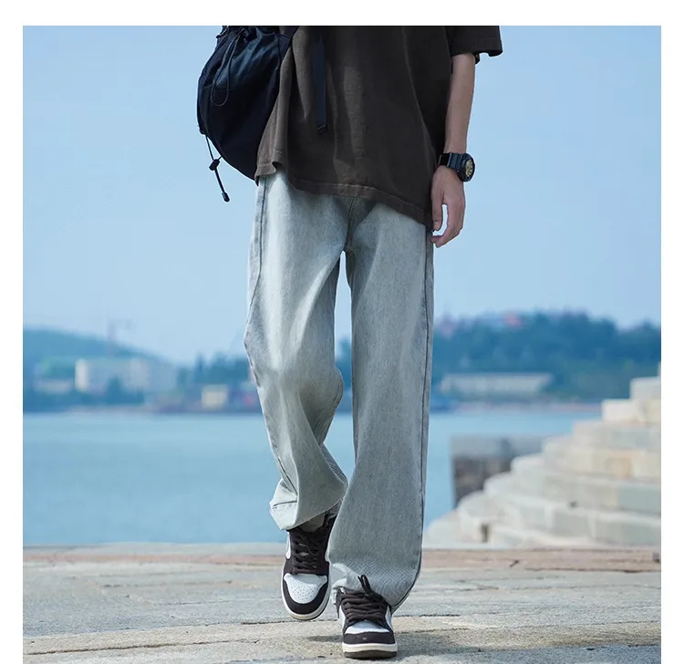 Men's Autumn Washed Jeans: Trendy Loose Fit Straight Leg Retro Wide-Leg Casual Pants for Streetwear showcase 14