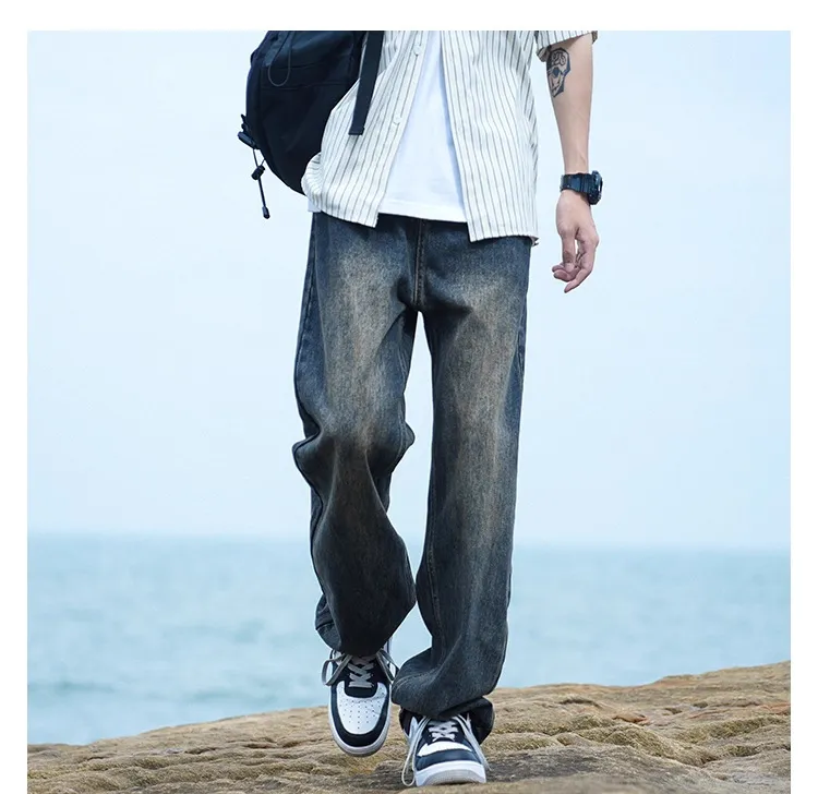 Men's Autumn Washed Jeans: Trendy Loose Fit Straight Leg Retro Wide-Leg Casual Pants for Streetwear showcase 9