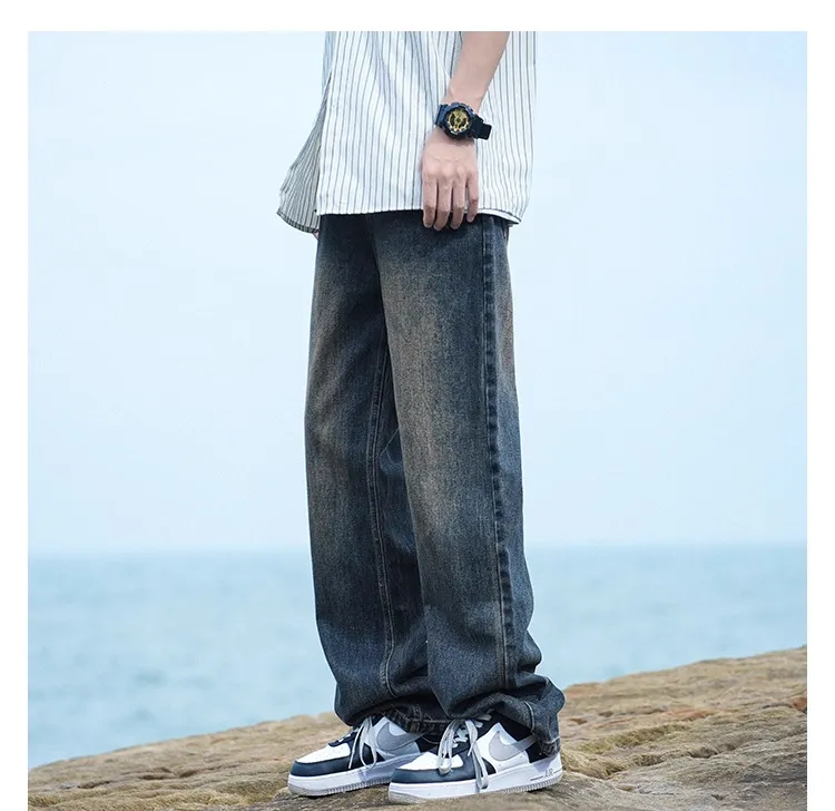 Men's Autumn Washed Jeans: Trendy Loose Fit Straight Leg Retro Wide-Leg Casual Pants for Streetwear showcase 6