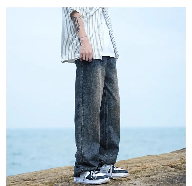 Men's Autumn Washed Jeans: Trendy Loose Fit Straight Leg Retro Wide-Leg Casual Pants for Streetwear showcase 8