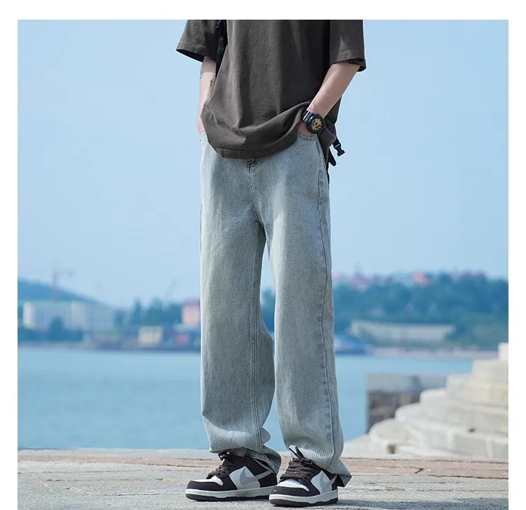 Men's Autumn Washed Jeans: Trendy Loose Fit Straight Leg Retro Wide-Leg Casual Pants for Streetwear showcase 12
