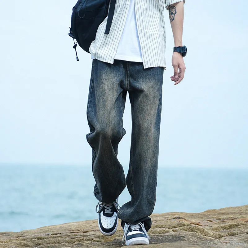 Men's Autumn Washed Jeans: Trendy Loose Fit Straight Leg Retro Wide-Leg Casual Pants for Streetwear thumbnail 8