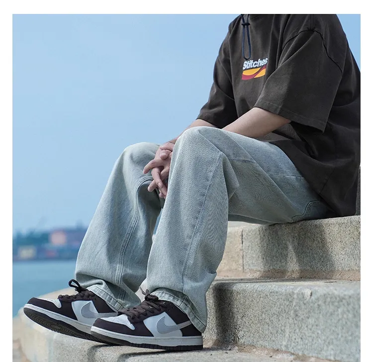 Men's Autumn Washed Jeans: Trendy Loose Fit Straight Leg Retro Wide-Leg Casual Pants for Streetwear showcase 15
