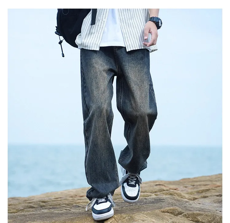 Men's Autumn Washed Jeans: Trendy Loose Fit Straight Leg Retro Wide-Leg Casual Pants for Streetwear showcase 10