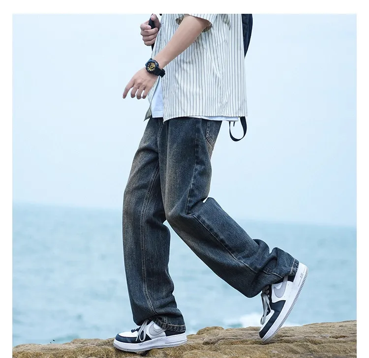 Men's Autumn Washed Jeans: Trendy Loose Fit Straight Leg Retro Wide-Leg Casual Pants for Streetwear showcase 11