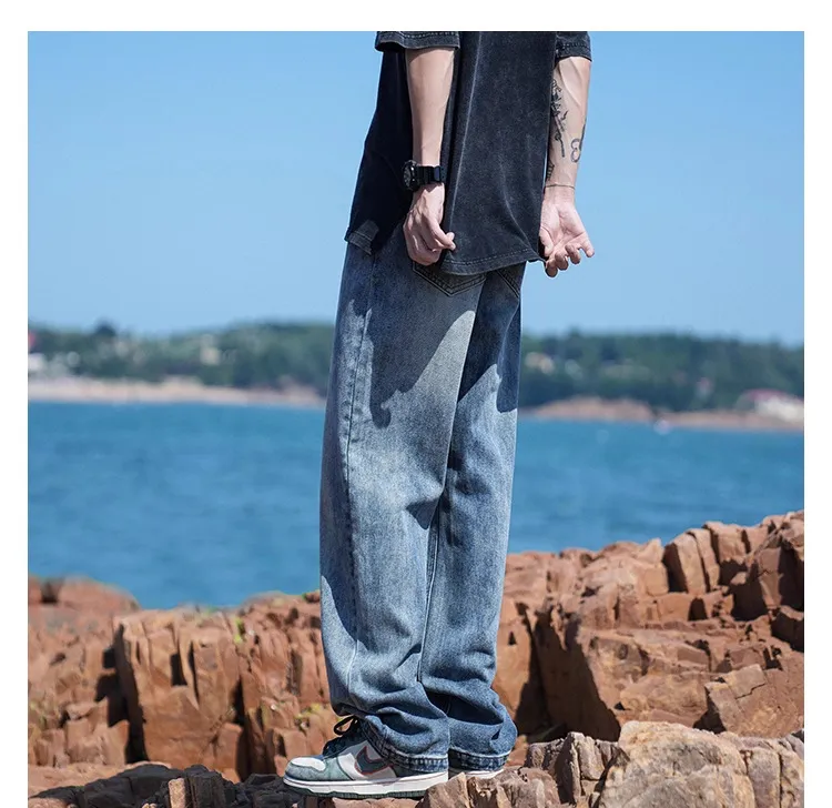 Men's Autumn Washed Jeans: Trendy Loose Fit Straight Leg Retro Wide-Leg Casual Pants for Streetwear showcase 18