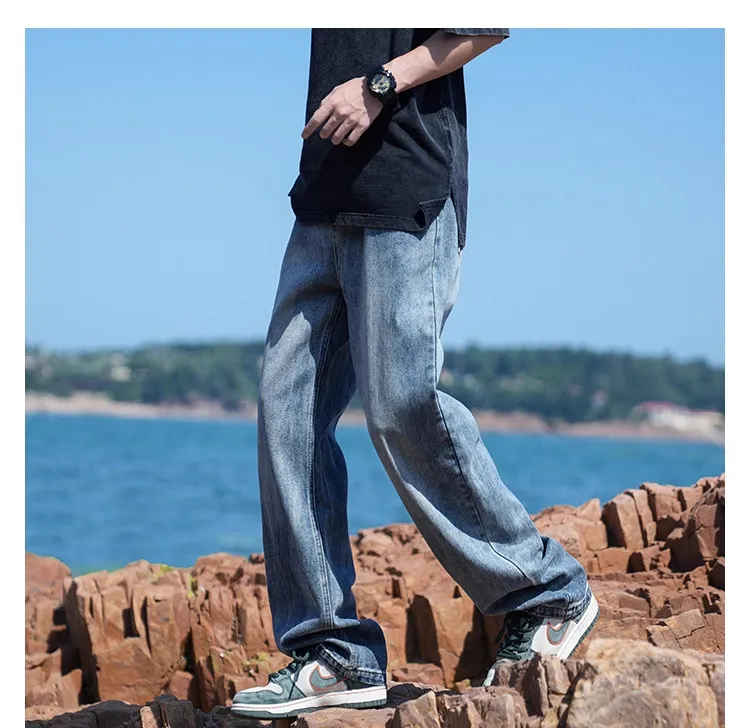 Men's Autumn Washed Jeans: Trendy Loose Fit Straight Leg Retro Wide-Leg Casual Pants for Streetwear showcase 19