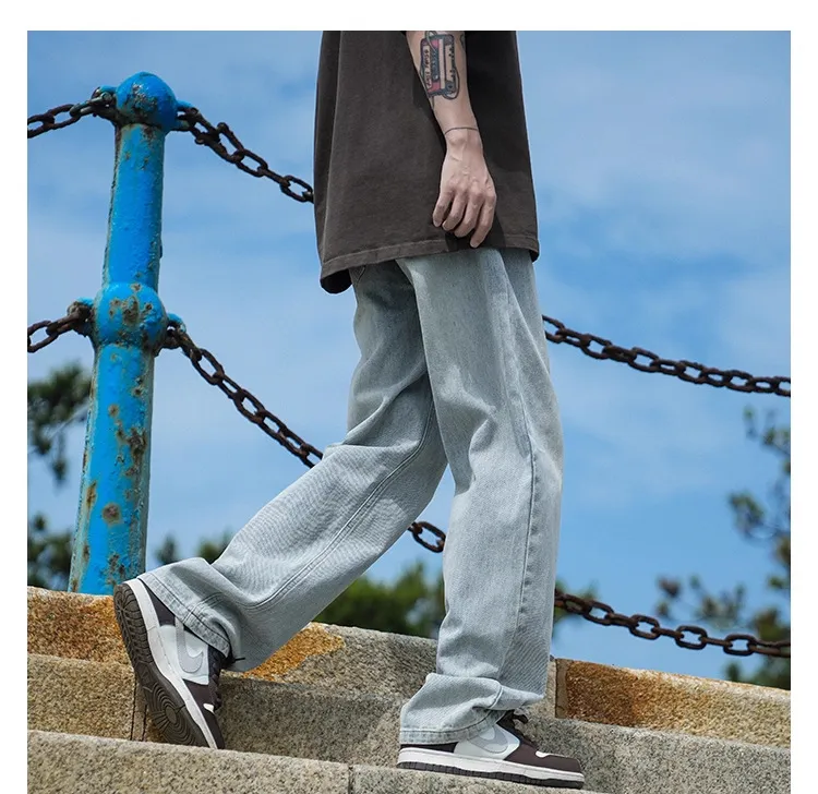 Men's Autumn Washed Jeans: Trendy Loose Fit Straight Leg Retro Wide-Leg Casual Pants for Streetwear showcase 13