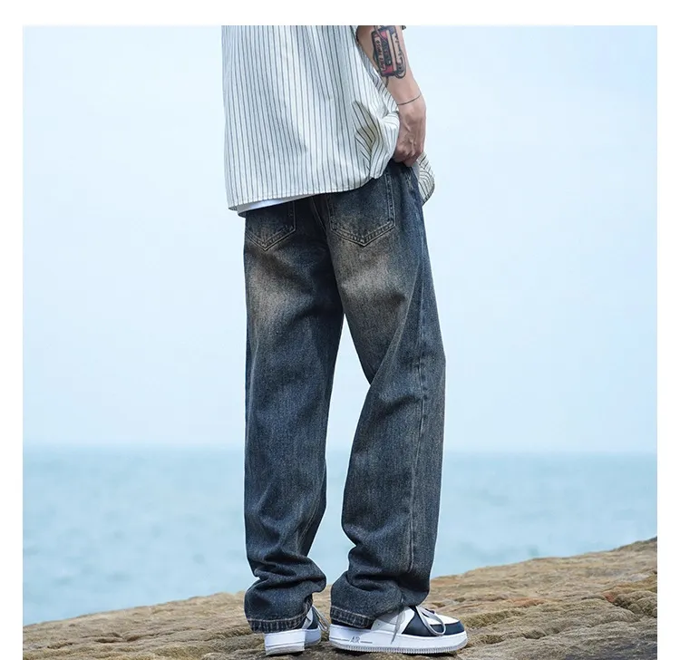 Men's Autumn Washed Jeans: Trendy Loose Fit Straight Leg Retro Wide-Leg Casual Pants for Streetwear showcase 7