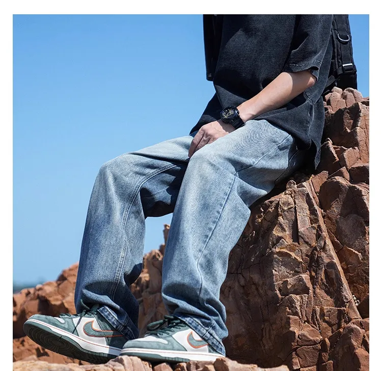 Men's Autumn Washed Jeans: Trendy Loose Fit Straight Leg Retro Wide-Leg Casual Pants for Streetwear showcase 20